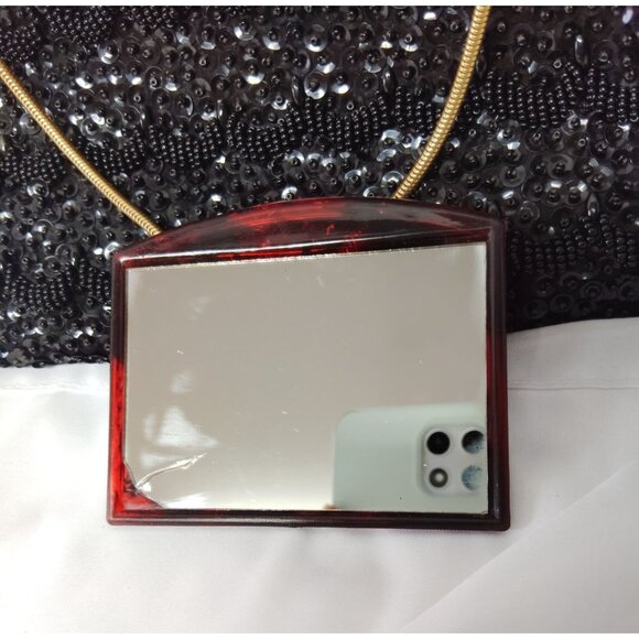 Vintage Black Sequin Clutch With Gold Chain & Mirror Made in British Hong Kong - Picture 4 of 9